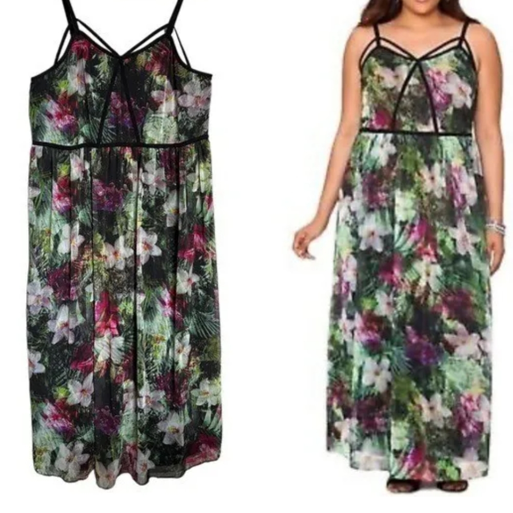 Lane Bryant Floral Print Light Chiffon Maxi Dress Size 18 Black Wedding Formal